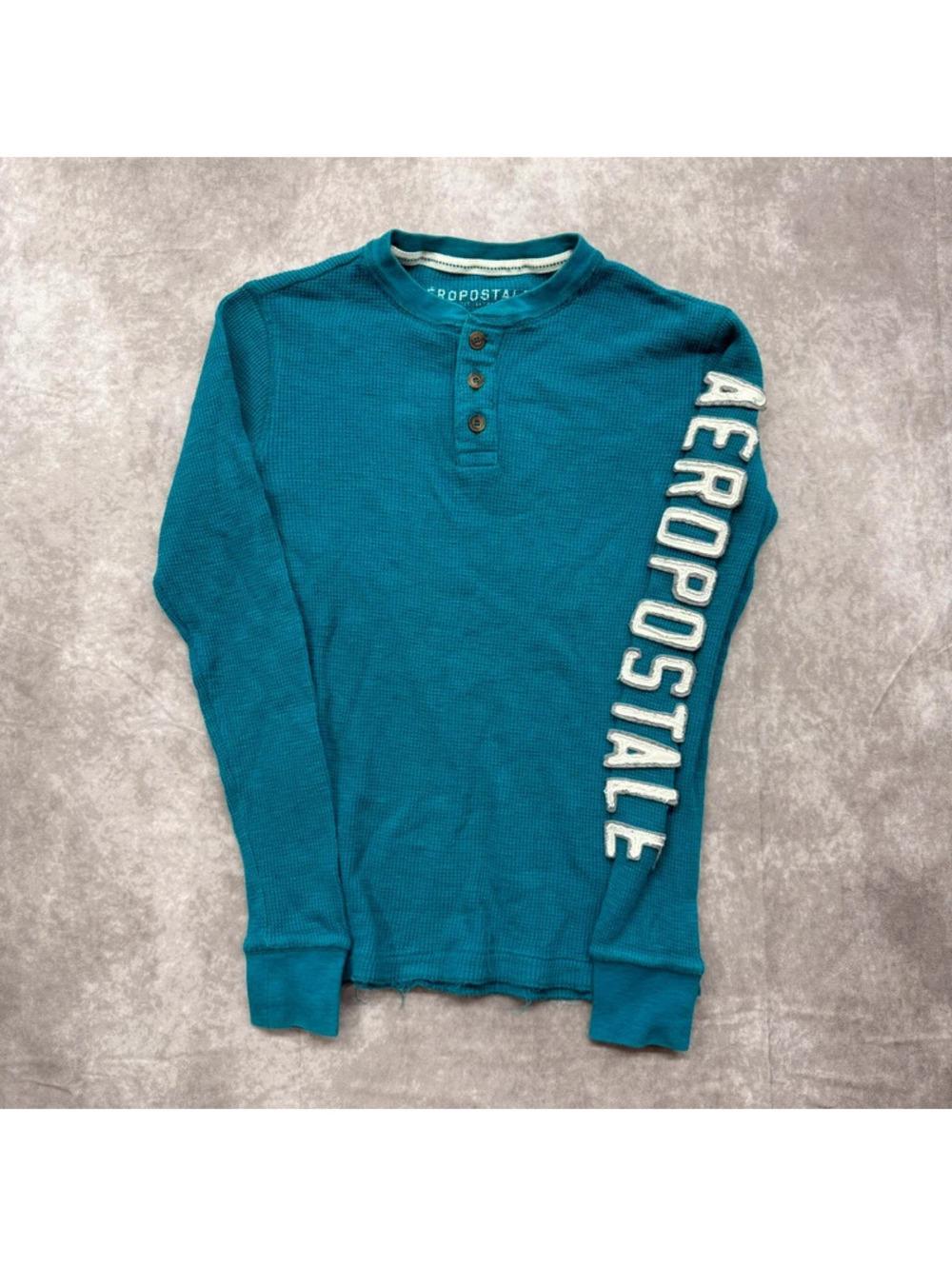 Vintage Aeropostale Womens XS Teal Thermal Henley Long Sleeve Spellout